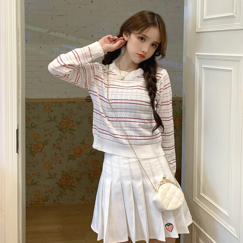 Prugasti pulover s O-izrezom Ženski pleteni, slatki, skraćeni, tanki džemper dugih rukava Proljeće i jesen Moda, ležerna, šik, osnovne majice