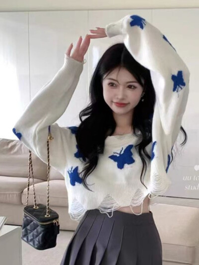 Nouă moda coreeană, ocazional, pulover largi, tricotat cu fluture grafic, pentru femei, dulci, supradimensionat, decupat, cu umeri