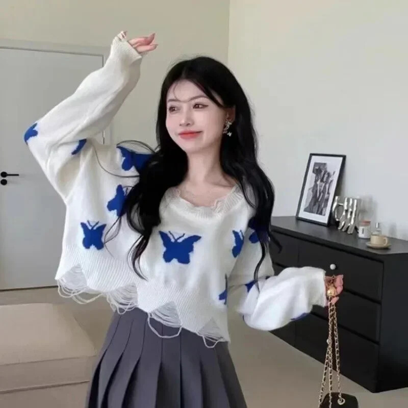 Nouă moda coreeană, ocazional, pulover largi, tricotat cu fluture grafic, pentru femei, dulci, supradimensionat, decupat, cu umeri