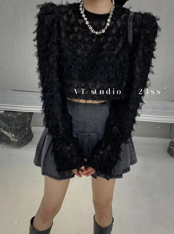 Blusas Mujer Ropa Graphic T krekli Puff Sleeve Crop Top Korejas plecu spilventiņš Pušķu džemperis Y2k Drēbes Džemperis Sueter