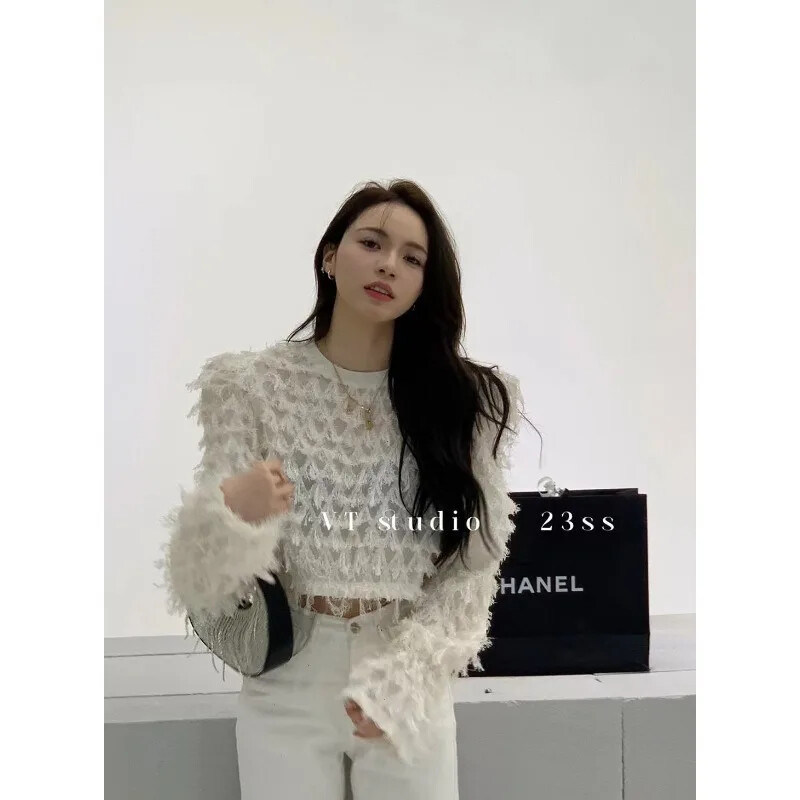 Blusas Mujer Ropa Graphic T krekli Puff Sleeve Crop Top Korejas plecu spilventiņš Pušķu džemperis Y2k Drēbes Džemperis Sueter