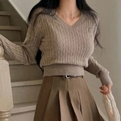 Rudens/ziemas Preppy stila izšūšanas kabelis, adīts V veida kakla izgriezums, slaidinošs apgriezts džemperis sievietēm, moderns, daudzpusīgs trikotāžas tops