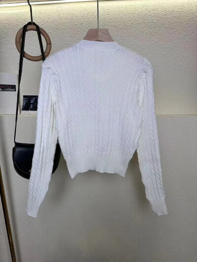 Rudens/ziemas Preppy stila izšūšanas kabelis, adīts V veida kakla izgriezums, slaidinošs apgriezts džemperis sievietēm, moderns, daudzpusīgs trikotāžas tops