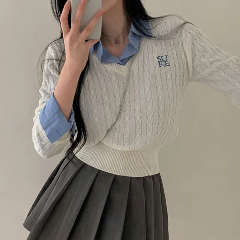 Rudens/ziemas Preppy stila izšūšanas kabelis, adīts V veida kakla izgriezums, slaidinošs apgriezts džemperis sievietēm, moderns, daudzpusīgs trikotāžas tops