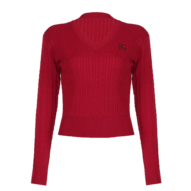 Rudens/ziemas Preppy stila izšūšanas kabelis, adīts V veida kakla izgriezums, slaidinošs apgriezts džemperis sievietēm, moderns, daudzpusīgs trikotāžas tops