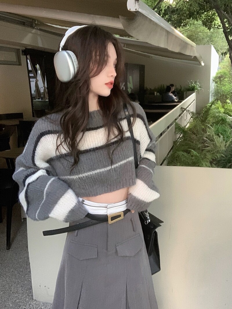 Svītrains, apgriezts džemperis, džemperis, sieviešu garās piedurknes, trikotāžas džemperis, pusaudzes meitene rudens ziemas grunge Y2K Acubi apģērbs