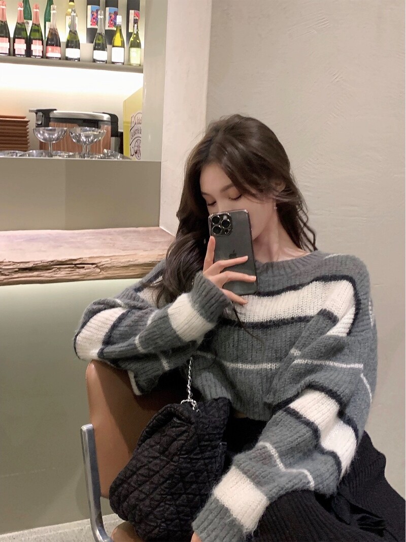 Svītrains, apgriezts džemperis, džemperis, sieviešu garās piedurknes, trikotāžas džemperis, pusaudzes meitene rudens ziemas grunge Y2K Acubi apģērbs