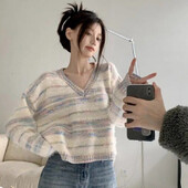 Modni pulover s duginim prugama s V izrezom Ženski jesen-zima Opušteni skraćeni džemperi Ženski korejski stil Ženska pletenina dugih rukava