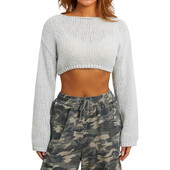 Top sieviešu trikotāžas džemperi Crop Tops Rudens Ziemas Apģērbi Harajuku Garām piedurknēm Vienkrāsains Pulovers Sexy Club y2k Streetwear