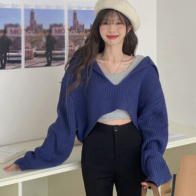 Ženski pleteni pulover s kapuljačom, dugim rukavima i V izrezom, ženske široke kratke majice Jesensko-zimska odjeća