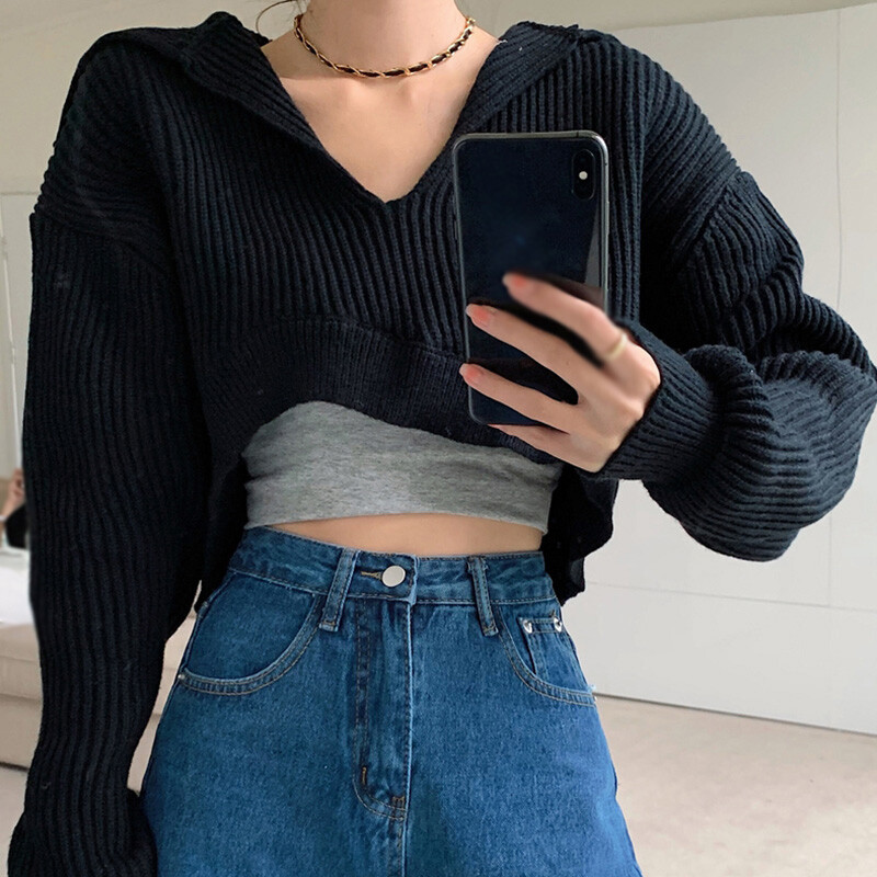 Ženski pleteni pulover s kapuljačom, dugim rukavima i V izrezom, ženske široke kratke majice Jesensko-zimska odjeća