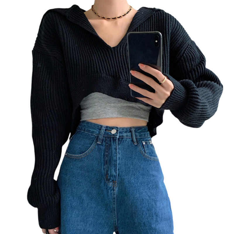 Ženski pleteni pulover s kapuljačom, dugim rukavima i V izrezom, ženske široke kratke majice Jesensko-zimska odjeća