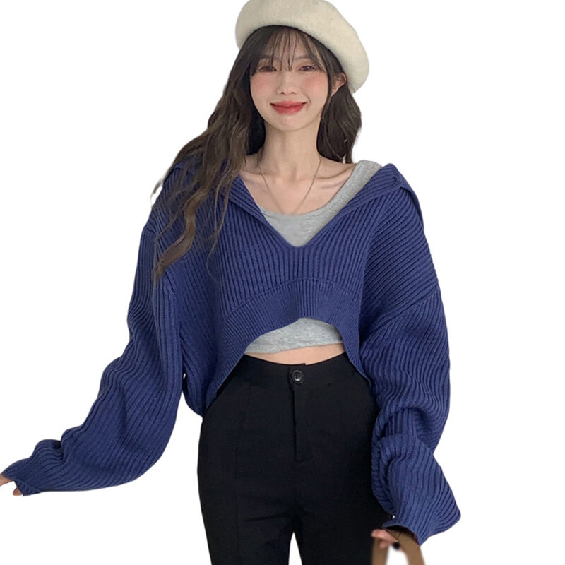 Ženski pleteni pulover s kapuljačom, dugim rukavima i V izrezom, ženske široke kratke majice Jesensko-zimska odjeća