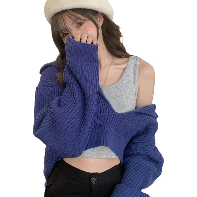 Ženski pleteni pulover s kapuljačom, dugim rukavima i V izrezom, ženske široke kratke majice Jesensko-zimska odjeća