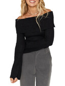 Topuri crop din tricot cu umăr dezactivat pentru femei, cu mânecă lungă Y2k, slim fit, tricouri strâmte, de culoare solidă, pulover casual Streetwear