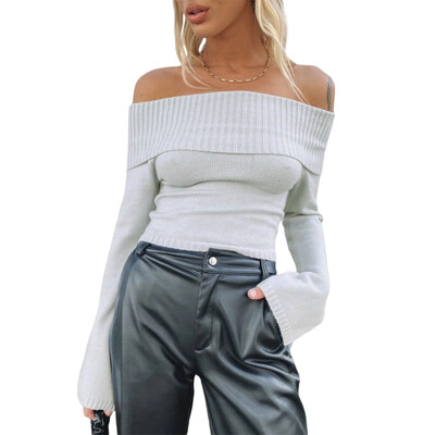 Topuri crop din tricot cu umăr dezactivat pentru femei, cu mânecă lungă Y2k, slim fit, tricouri strâmte, de culoare solidă, pulover casual Streetwear