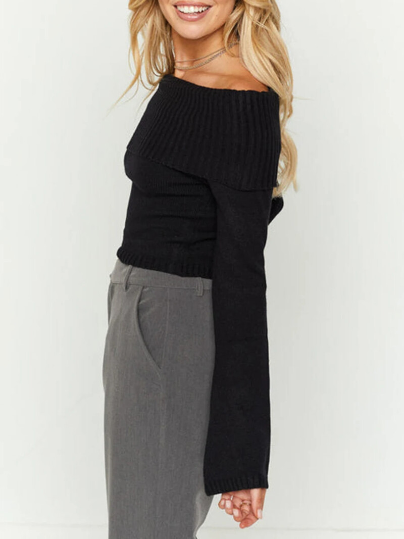 Topuri crop din tricot cu umăr dezactivat pentru femei, cu mânecă lungă Y2k, slim fit, tricouri strâmte, de culoare solidă, pulover casual Streetwear