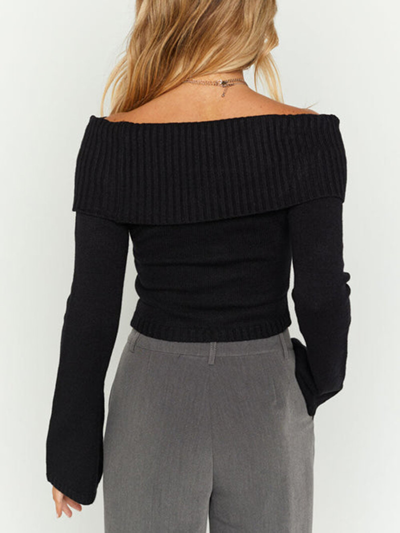 Topuri crop din tricot cu umăr dezactivat pentru femei, cu mânecă lungă Y2k, slim fit, tricouri strâmte, de culoare solidă, pulover casual Streetwear