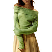 Sieviešu Crop Džemperi Trikotāžas topi Pavasara Rudens Apģērbi 2000. gadu vienkrāsains garās piedurknes, kas nav pleciem, plāni topi Sieviešu apģērbs