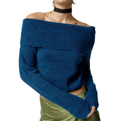 Sieviešu Crop Džemperi Trikotāžas topi Pavasara Rudens Apģērbi 2000. gadu vienkrāsains garās piedurknes, kas nav pleciem, plāni topi Sieviešu apģērbs