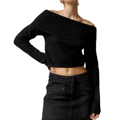 Sieviešu Crop Džemperi Trikotāžas topi Pavasara Rudens Apģērbi 2000. gadu vienkrāsains garās piedurknes, kas nav pleciem, plāni topi Sieviešu apģērbs