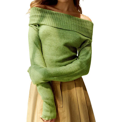 Sieviešu Crop Džemperi Trikotāžas topi Pavasara Rudens Apģērbi 2000. gadu vienkrāsains garās piedurknes, kas nav pleciem, plāni topi Sieviešu apģērbs