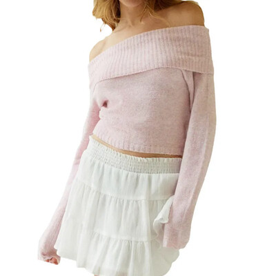 Sieviešu Crop Džemperi Trikotāžas topi Pavasara Rudens Apģērbi 2000. gadu vienkrāsains garās piedurknes, kas nav pleciem, plāni topi Sieviešu apģērbs