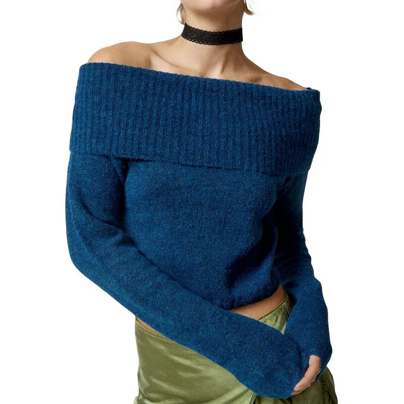 Sieviešu Crop Džemperi Trikotāžas topi Pavasara Rudens Apģērbi 2000. gadu vienkrāsains garās piedurknes, kas nav pleciem, plāni topi Sieviešu apģērbs