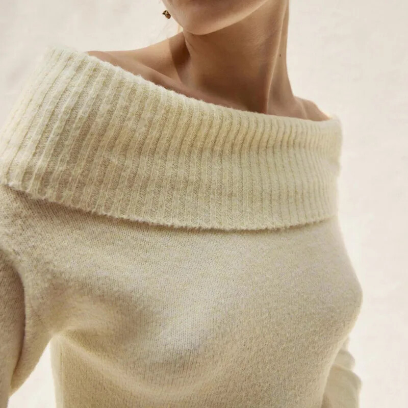 Sieviešu Crop Džemperi Trikotāžas topi Pavasara Rudens Apģērbi 2000. gadu vienkrāsains garās piedurknes, kas nav pleciem, plāni topi Sieviešu apģērbs