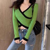 Pulover cu mânecă lungă cu decolteu în V cu dungi de vară, crop top cu talie încrucișată, tricou din tricot casual, elegant, coreean, pentru femei