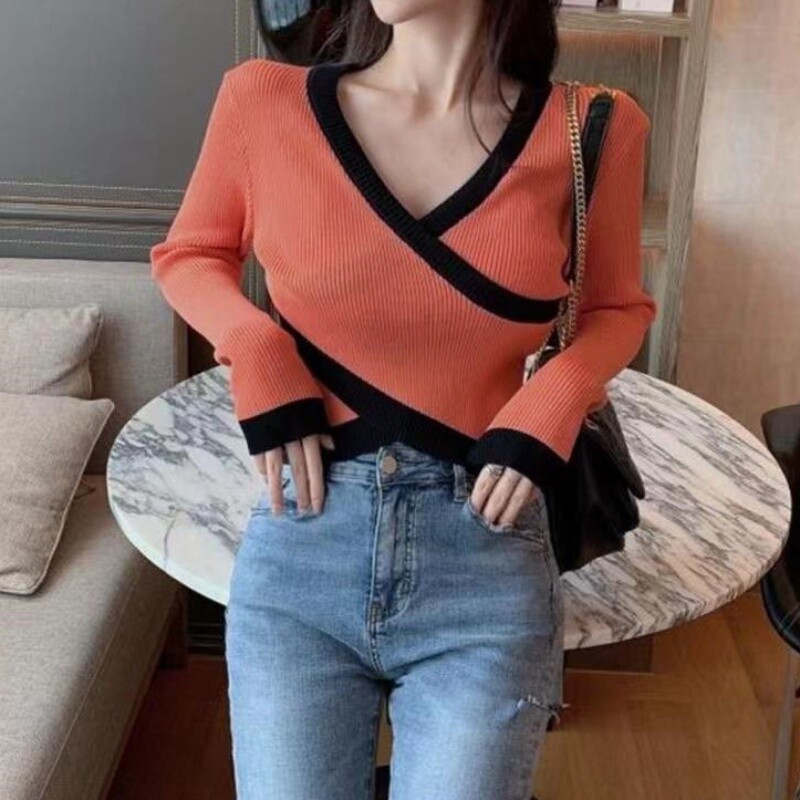 Pulover cu mânecă lungă cu decolteu în V cu dungi de vară, crop top cu talie încrucișată, tricou din tricot casual, elegant, coreean, pentru femei
