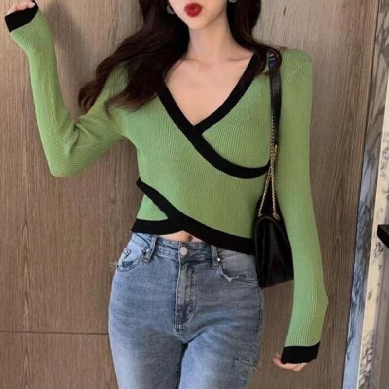 Pulover cu mânecă lungă cu decolteu în V cu dungi de vară, crop top cu talie încrucișată, tricou din tricot casual, elegant, coreean, pentru femei