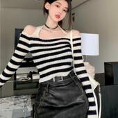 Ženski prugasti pulover s ovratnikom, seksi pletene skraćene majice s otvorenim leđima Ženska uska šik svestrana pletena odjeća jesen zima