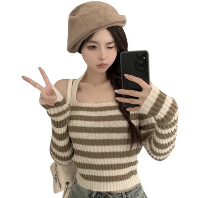 Ženski prugasti pulover s ovratnikom, seksi pletene skraćene majice s otvorenim leđima Ženska uska šik svestrana pletena odjeća jesen zima