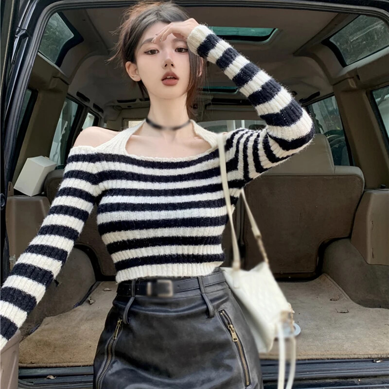Ženski prugasti pulover s ovratnikom, seksi pletene skraćene majice s otvorenim leđima Ženska uska šik svestrana pletena odjeća jesen zima