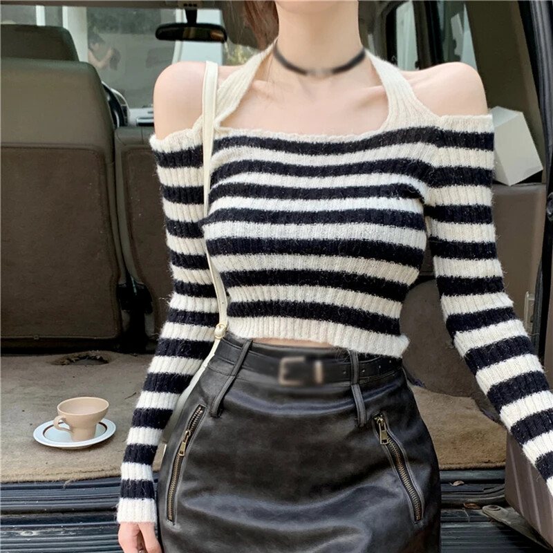 Ženski prugasti pulover s ovratnikom, seksi pletene skraćene majice s otvorenim leđima Ženska uska šik svestrana pletena odjeća jesen zima