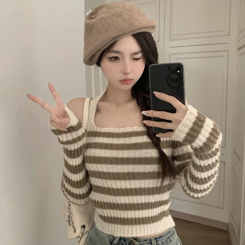 Ženski prugasti pulover s ovratnikom, seksi pletene skraćene majice s otvorenim leđima Ženska uska šik svestrana pletena odjeća jesen zima