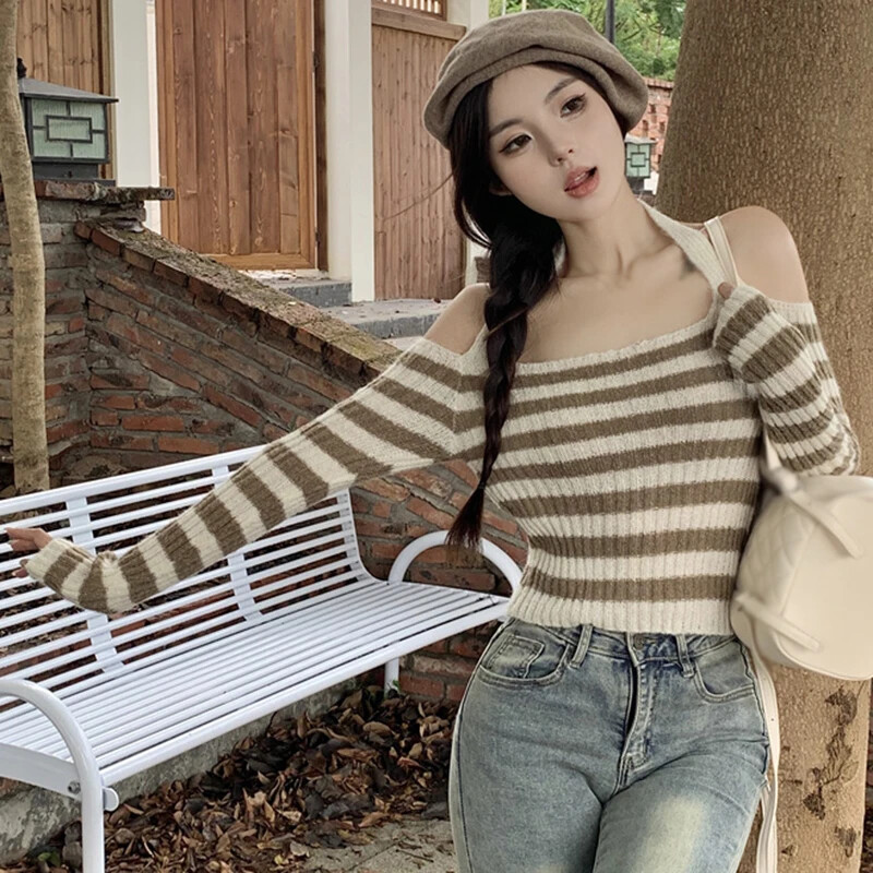 Ženski prugasti pulover s ovratnikom, seksi pletene skraćene majice s otvorenim leđima Ženska uska šik svestrana pletena odjeća jesen zima