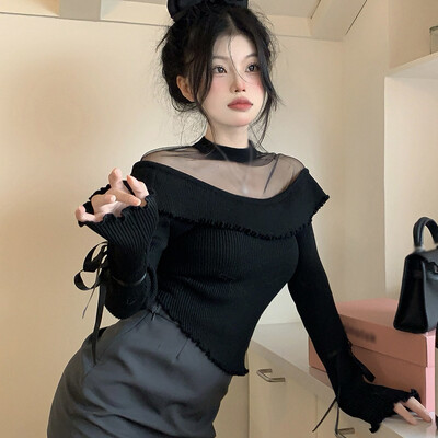 Primăvară toamnă plasă patchwork tricotat de pe umeri pulover de culoare solidă femei cu volan cravată crop tops cu mânecă lungă șic pulover subțire