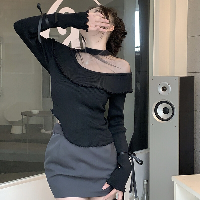 Primăvară toamnă plasă patchwork tricotat de pe umeri pulover de culoare solidă femei cu volan cravată crop tops cu mânecă lungă șic pulover subțire