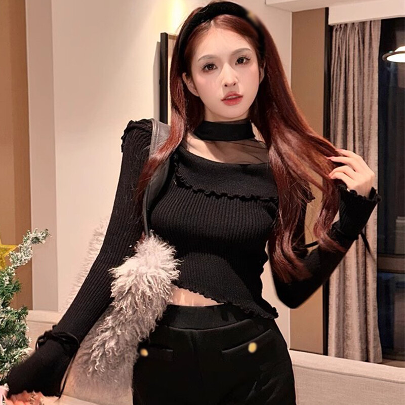 Primăvară toamnă plasă patchwork tricotat de pe umeri pulover de culoare solidă femei cu volan cravată crop tops cu mânecă lungă șic pulover subțire