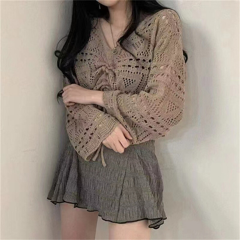 2024 Κορεάτικη μόδα Σχέδιο με κομμένα κορδόνια Pure Hollow Out Πλεκτά παντός τύπου Απλά μπλουζάκια Γυναικεία πουλόβερ Spring College