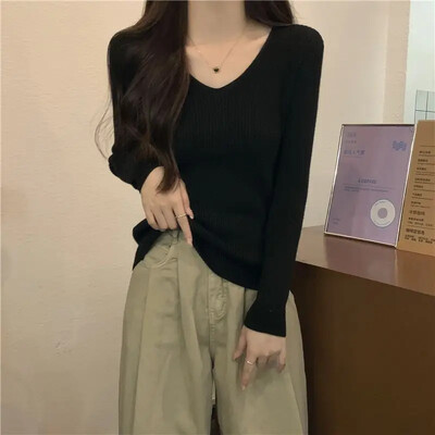 La începutul toamnei, decolteu subțire, pentru slăbire, pulover interior pentru femei, mic decupat cu mânecă lungă, top tricotat de bază, vă netezește silueta