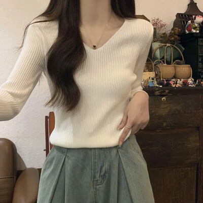 La începutul toamnei, decolteu subțire, pentru slăbire, pulover interior pentru femei, mic decupat cu mânecă lungă, top tricotat de bază, vă netezește silueta