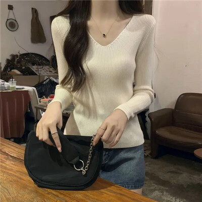 La începutul toamnei, decolteu subțire, pentru slăbire, pulover interior pentru femei, mic decupat cu mânecă lungă, top tricotat de bază, vă netezește silueta