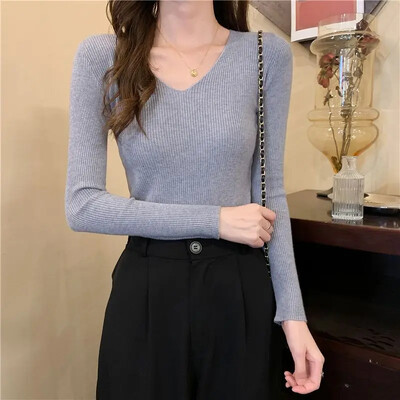 La începutul toamnei, decolteu subțire, pentru slăbire, pulover interior pentru femei, mic decupat cu mânecă lungă, top tricotat de bază, vă netezește silueta