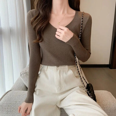 La începutul toamnei, decolteu subțire, pentru slăbire, pulover interior pentru femei, mic decupat cu mânecă lungă, top tricotat de bază, vă netezește silueta