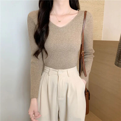 La începutul toamnei, decolteu subțire, pentru slăbire, pulover interior pentru femei, mic decupat cu mânecă lungă, top tricotat de bază, vă netezește silueta