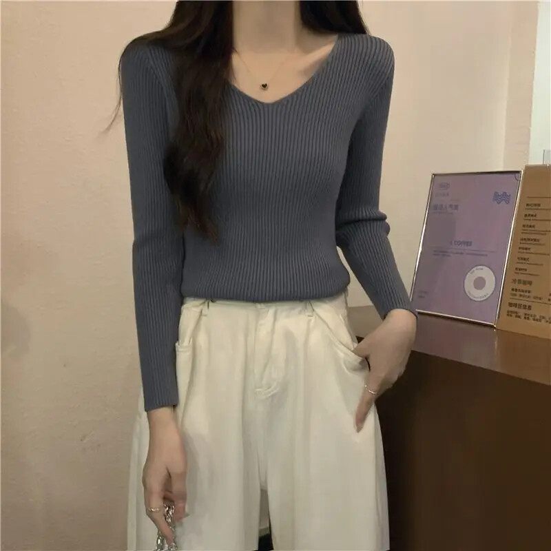 La începutul toamnei, decolteu subțire, pentru slăbire, pulover interior pentru femei, mic decupat cu mânecă lungă, top tricotat de bază, vă netezește silueta