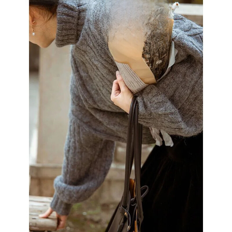 Pulover de damă pentru slăbit cu talie înaltă, tricot cu cablu, Top decupat, vintage, gri, îmbrăcăminte exterioară